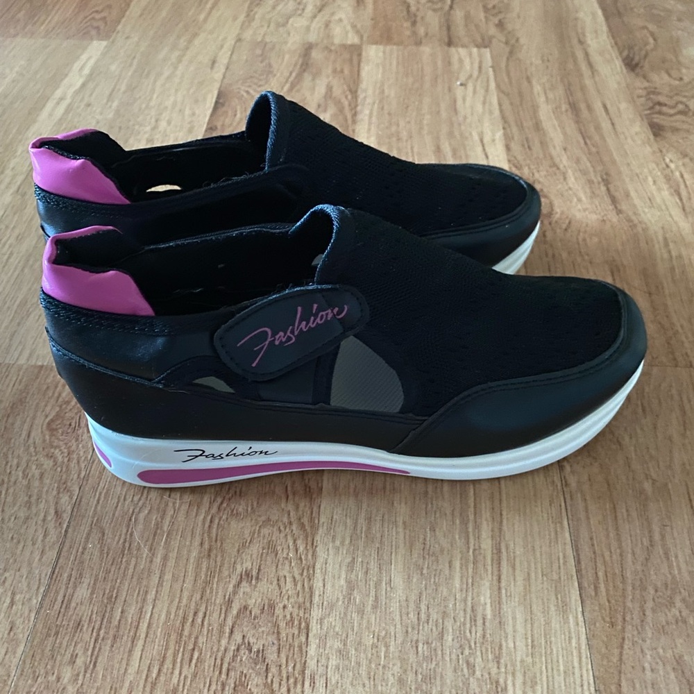 Women's Black and Pink Slip on Sneakers